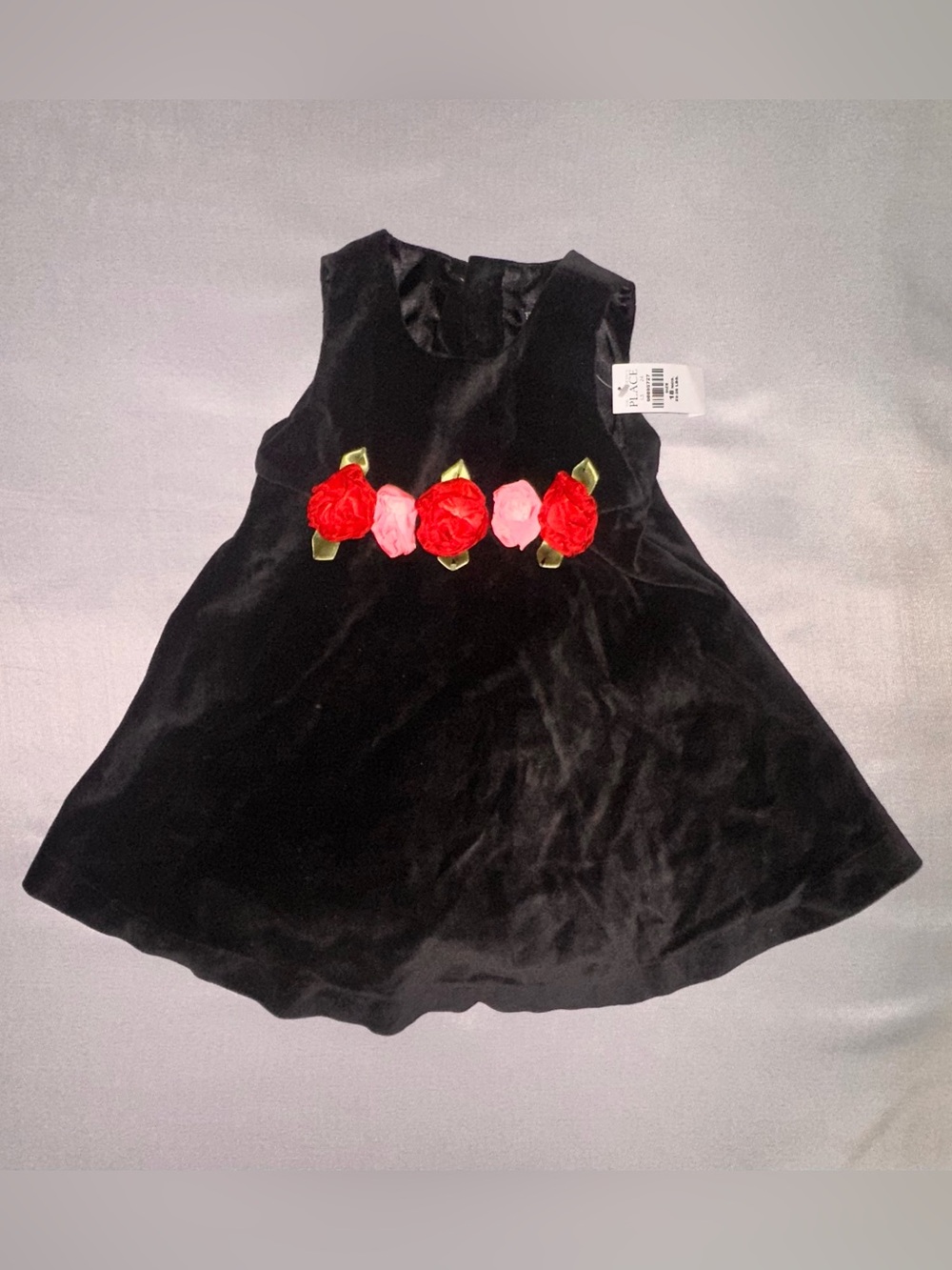 The Children's Place Black Velvet Dress with Pink and Red Rose Appliqués